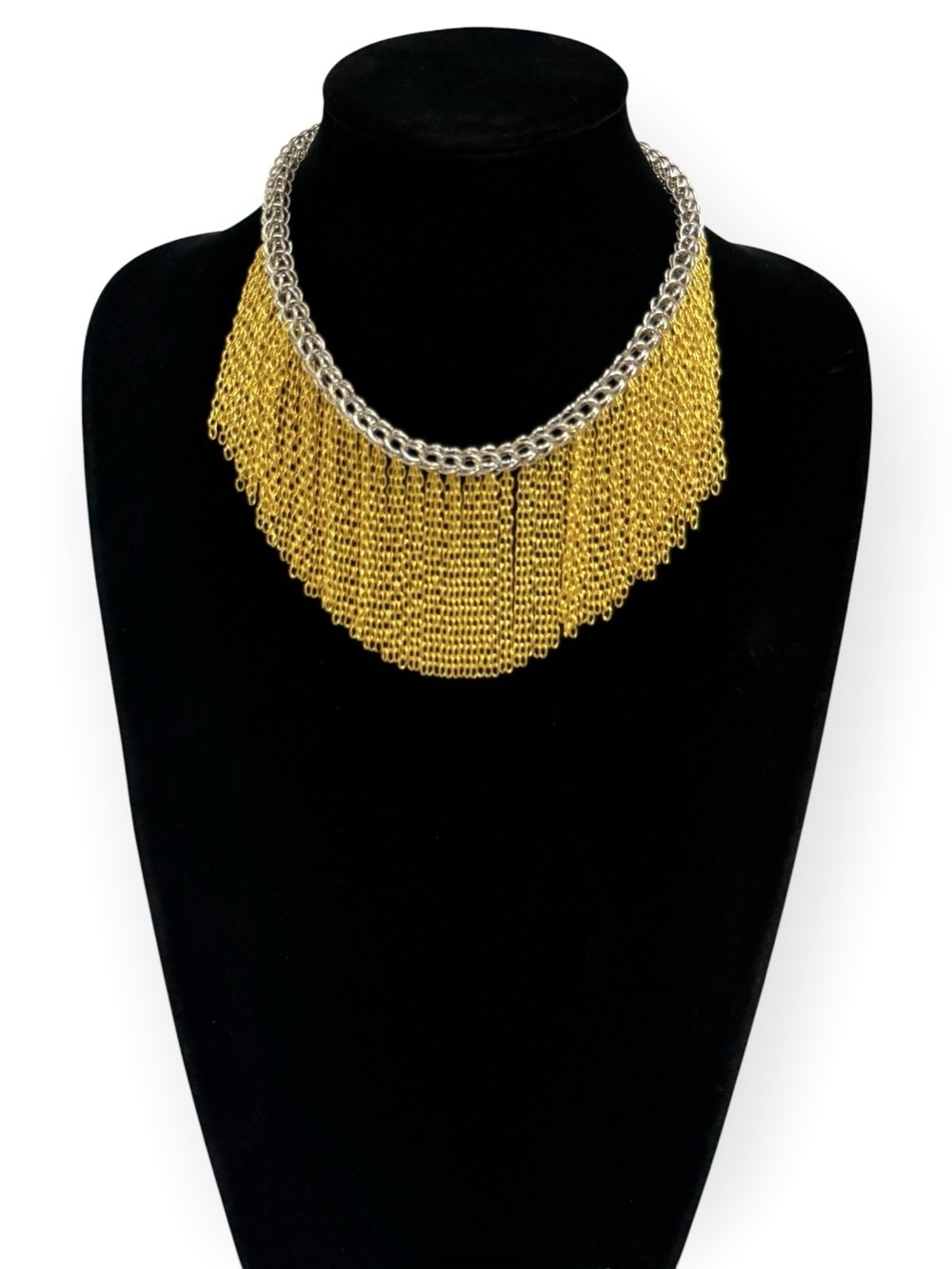 Lena Bernard Crystal Fringe Collar Necklace 16" Silver & Gold | NWT